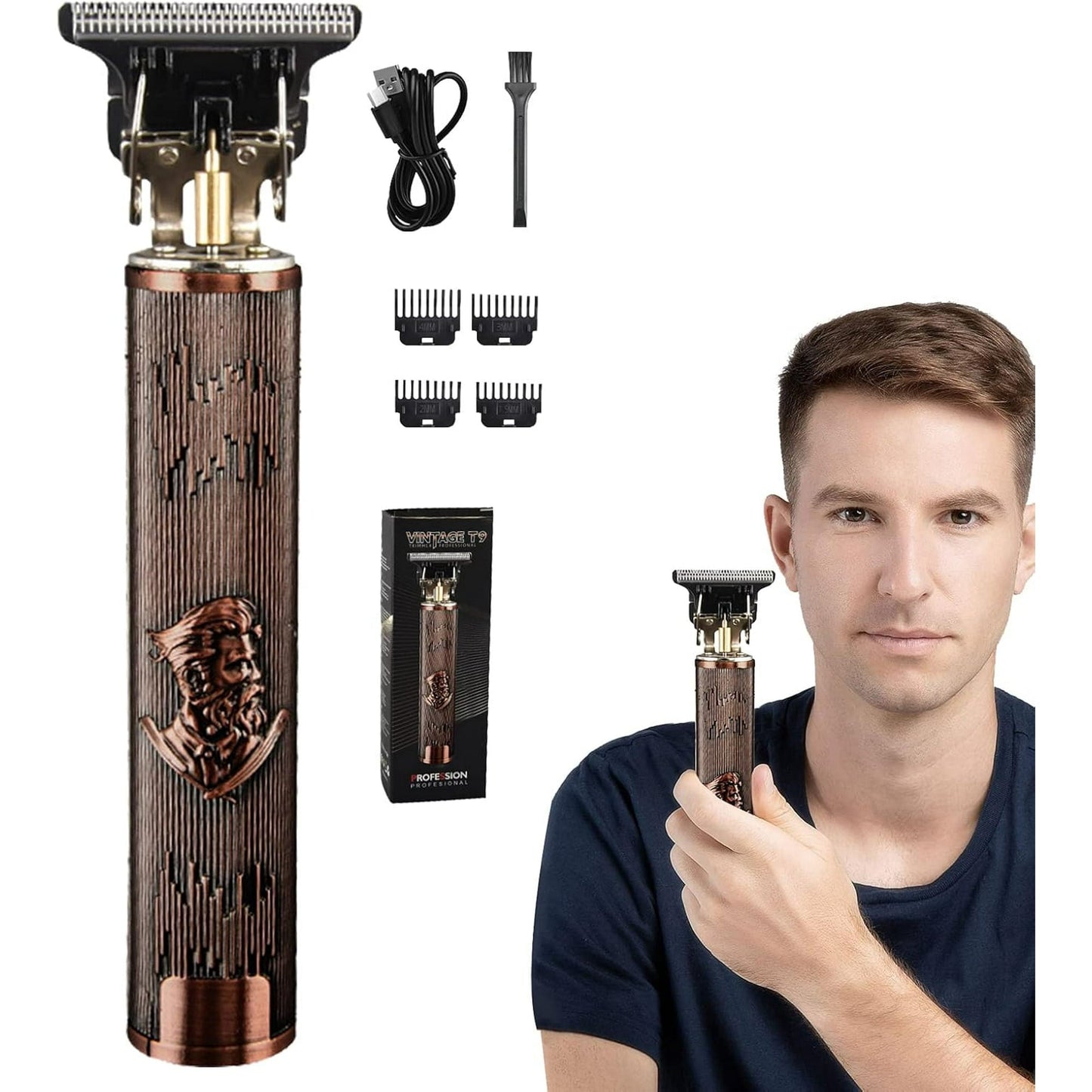 Vintage T9 professional beard trimmer with copper accents, USB charging, and guide combs for precise grooming