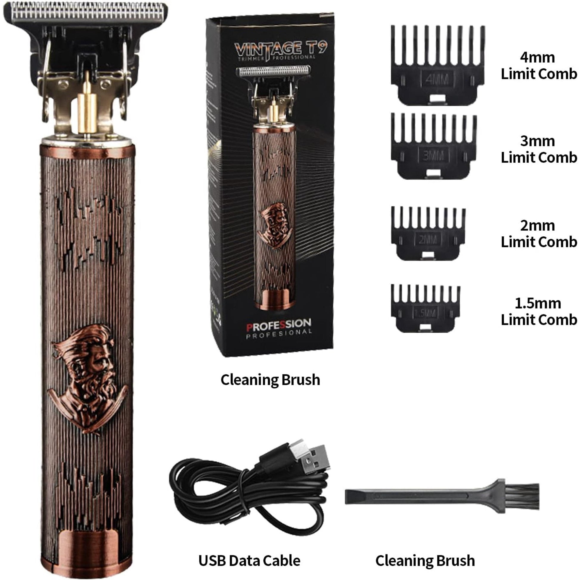 Vintage T9 professional beard trimmer with 4 limit combs, USB cable, and cleaning brush for precise grooming
