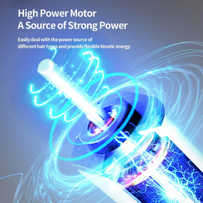 High power motor with strong kinetic energy for all hair types, shown with glowing blue energy effects