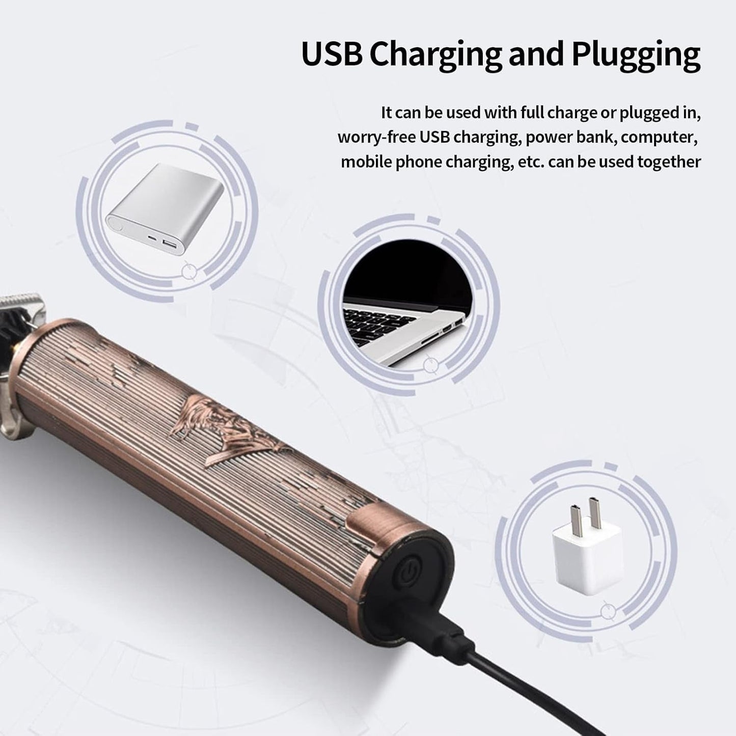 Copper electric shaver with USB charging, compatible with power bank, laptop, and wall plug for versatile use