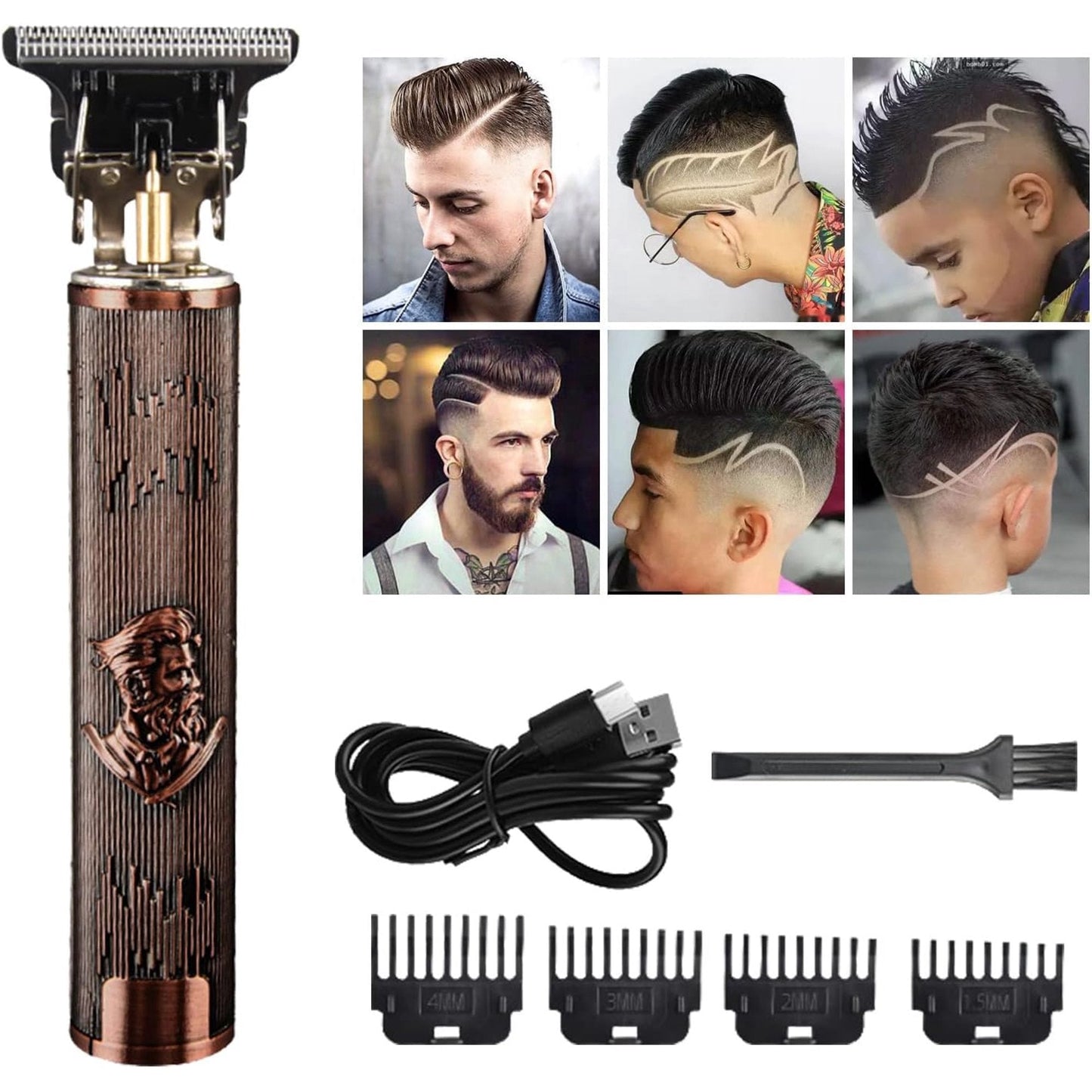 Cordless hair clipper with beard design, USB charging, comb attachments, and example fades for men's grooming