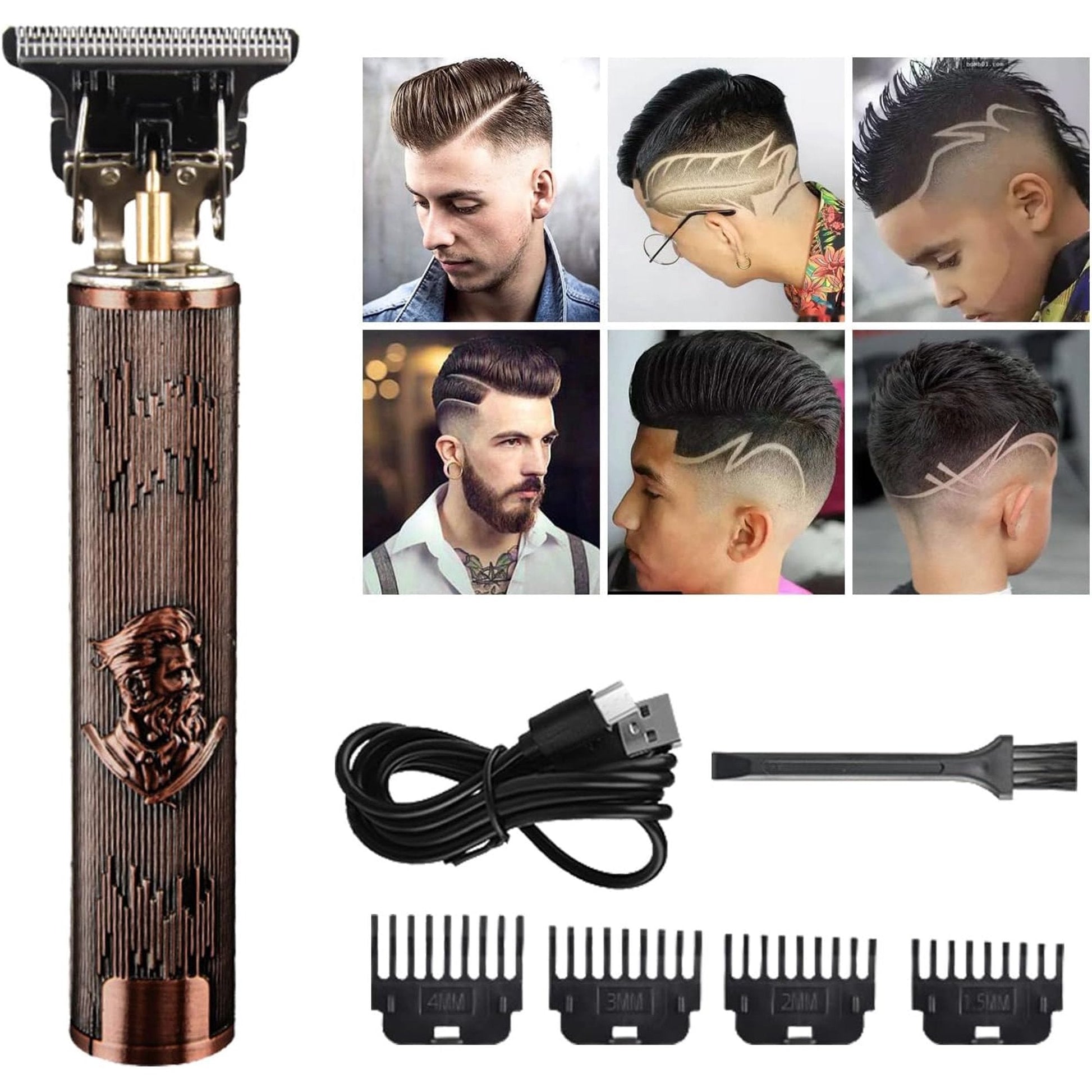 Cordless hair clipper with beard design, USB charging, comb attachments, and example fades for men's grooming