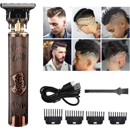 Cordless hair clipper with beard design, USB charging, comb attachments, and example fades for men's grooming