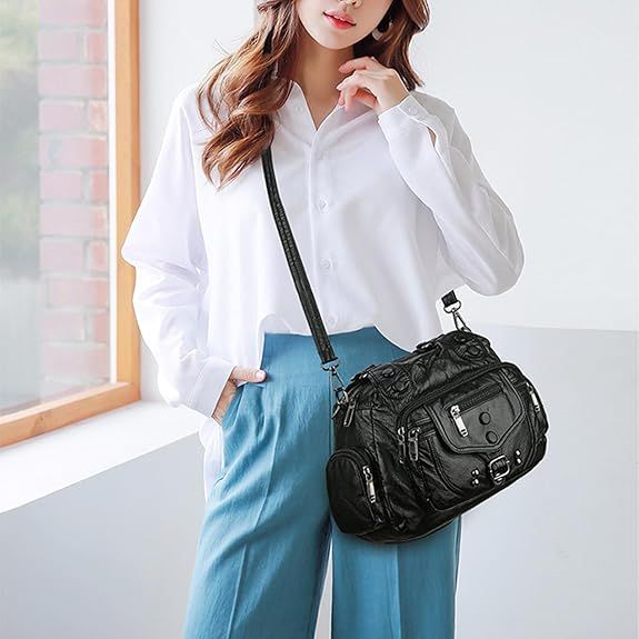 PU Leather Crossbody Bags for Women Medium Size Soft Leather Multi Pocket Shoulder Purses for Women Trendy Vintage - 7DAY'S