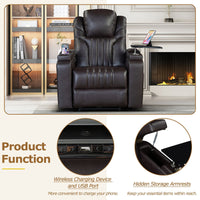 PU Leather Power Recliner Home Theater Recliner with Power Adjustable Headrest, Wireless Charging Device, USB Port, Storage Arms, Cup Holder and Swivel Tray Table for Living Room - 7DAY'S