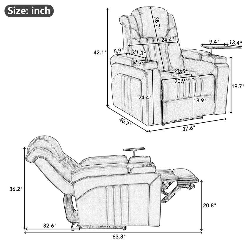 PU Leather Power Recliner Home Theater Recliner with Power Adjustable Headrest, Wireless Charging Device, USB Port, Storage Arms, Cup Holder and Swivel Tray Table for Living Room - 7DAY'S