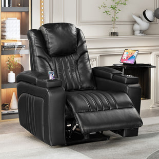 PU Leather Power Recliner Home Theater Recliner with Power Adjustable Headrest, Wireless Charging Device, USB Port, Storage Arms, Cup Holder and Swivel Tray Table for Living Room