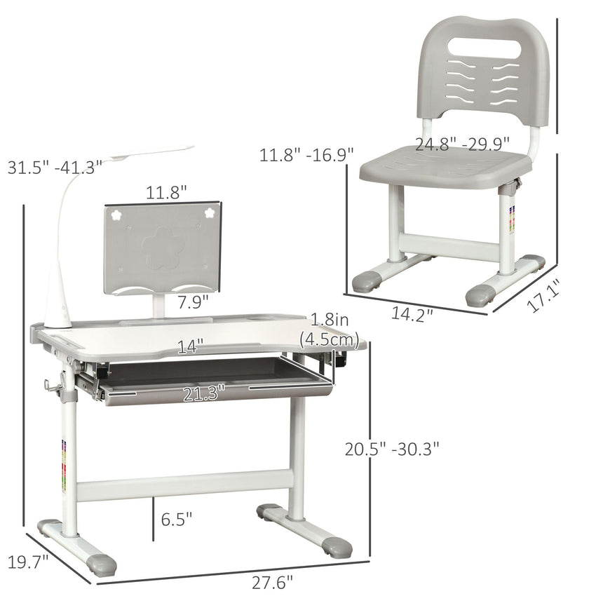 Qaba Kids Desk and Chair Set, School Study Desk with USB Light, Storage Drawer for Writing, Activities, Arts, or Crafts, Gray and White - 7DAY'S