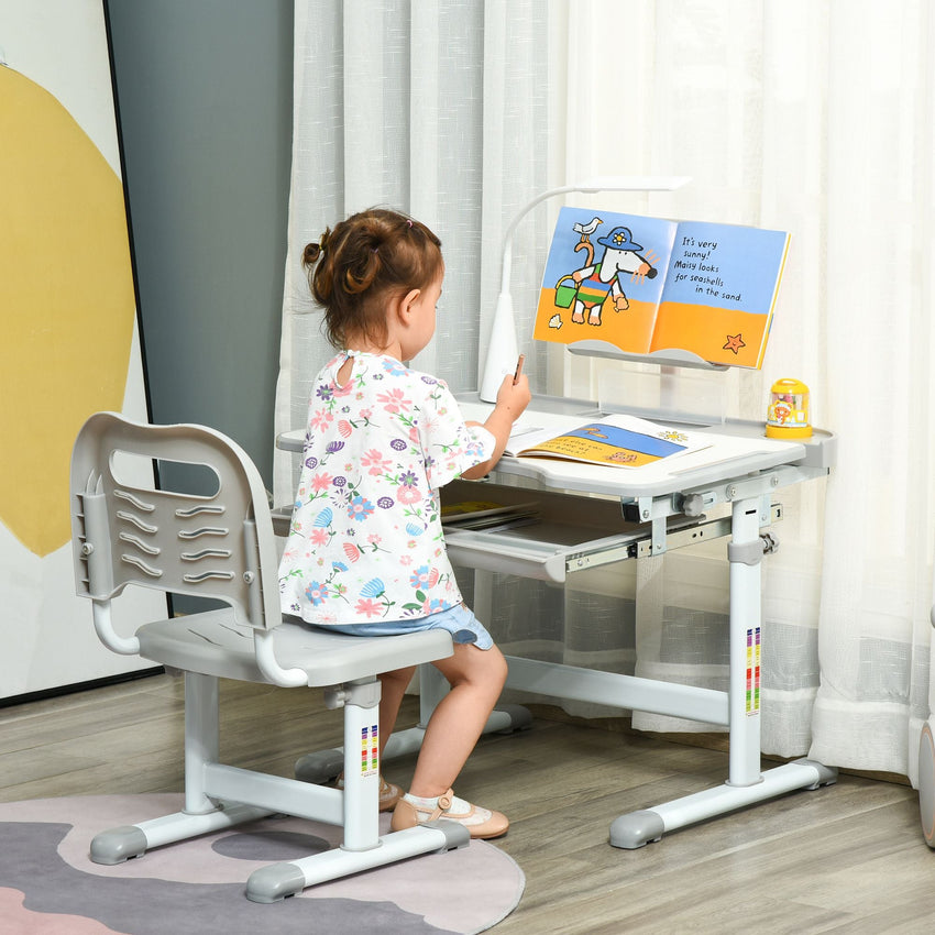 Qaba Kids Desk and Chair Set, School Study Desk with USB Light, Storage Drawer for Writing, Activities, Arts, or Crafts, Gray and White - 7DAY'S