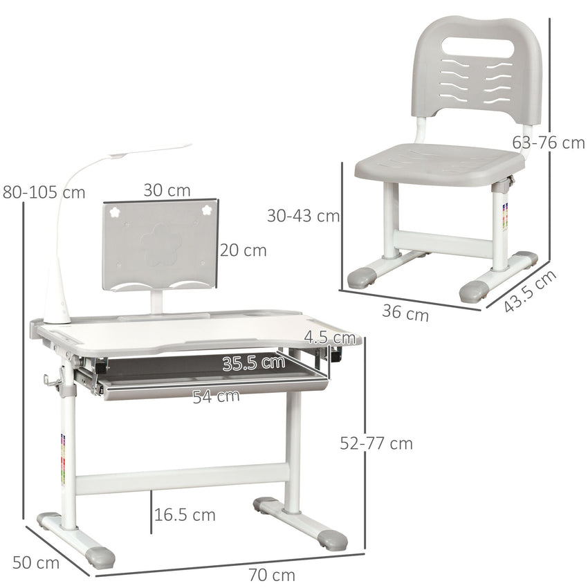 Qaba Kids Desk and Chair Set, School Study Desk with USB Light, Storage Drawer for Writing, Activities, Arts, or Crafts, Gray and White - 7DAY'S