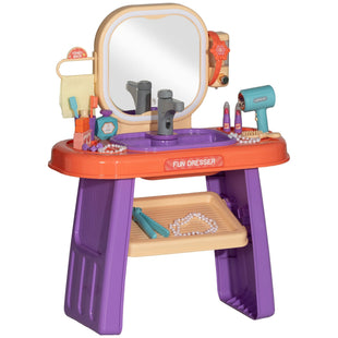 Qaba Kids Vanity Set, Toddler Makeup Table with Faucet, Mirror, LED Light, Music, 23 Accessories, Pretend Play Set for Girls 3-6 Years, Purple