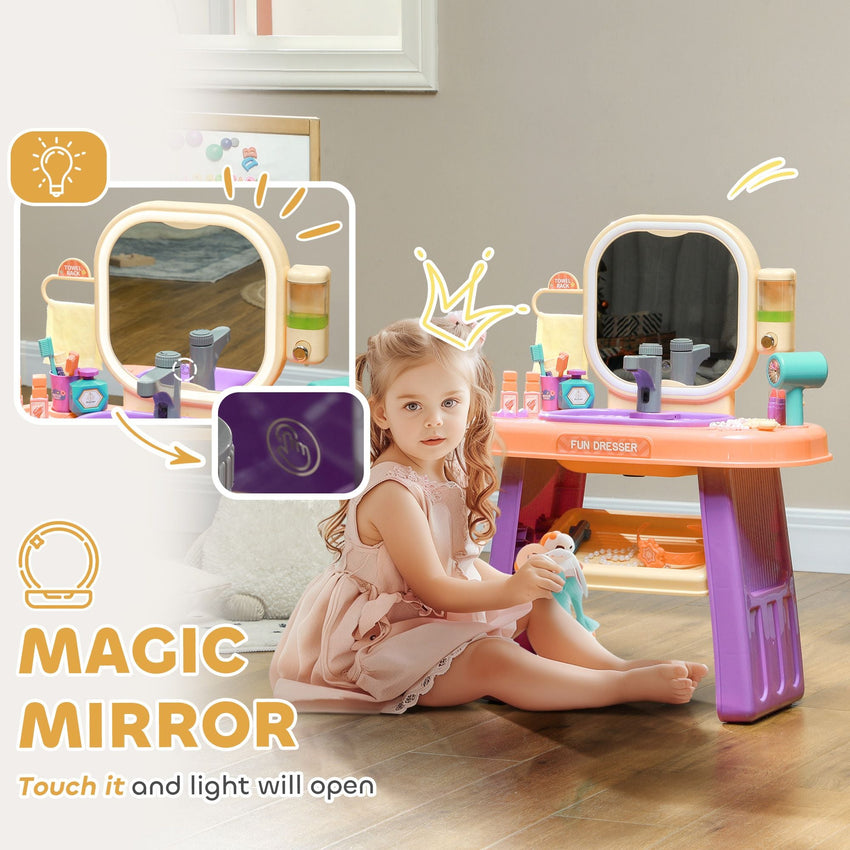 Qaba Kids Vanity Set, Toddler Makeup Table with Faucet, Mirror, LED Light, Music, 23 Accessories, Pretend Play Set for Girls 3 - 6 Years, Purple - 7DAY'S