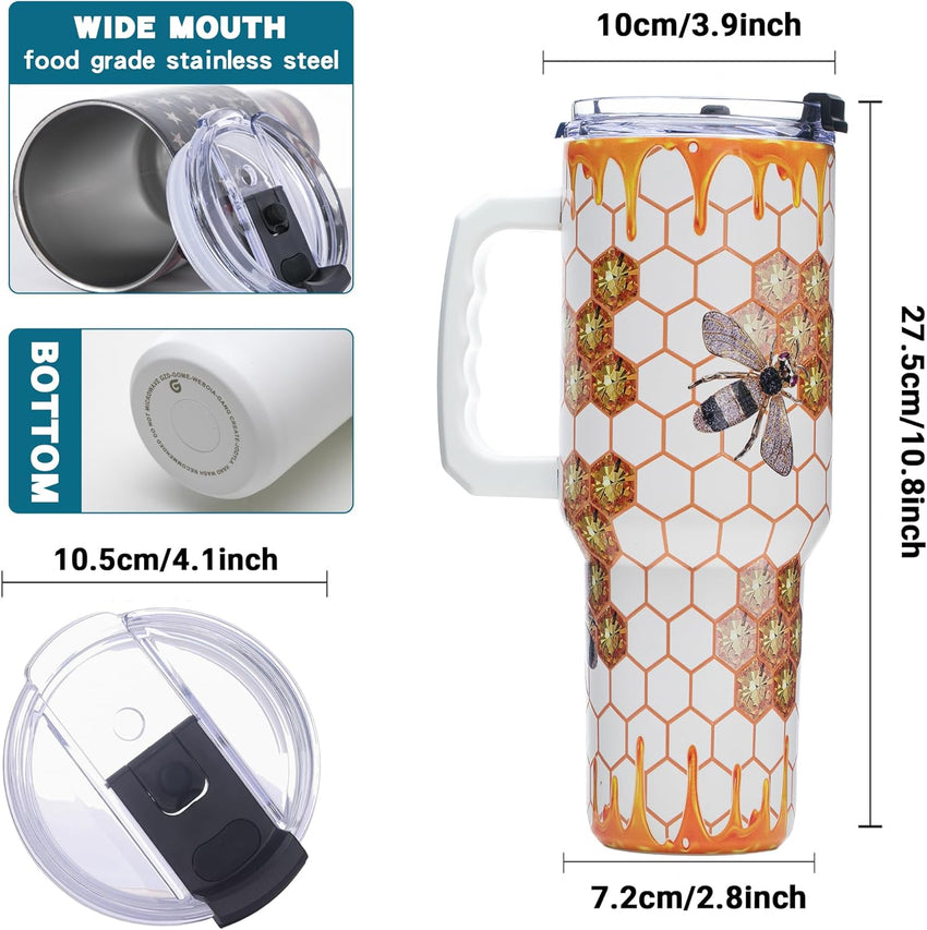 Queen Bee Gifts for Women – 40ozTumbler with Handle - Honeycomb Cup Birthday for Women, Wife, Sister, Best Friend, Teacher, Nurse – Mother’s Day Gifts for Mom - 7DAY'S