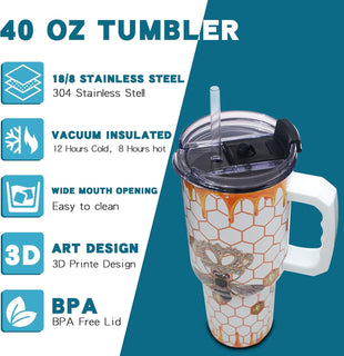Queen Bee Gifts for Women – 40ozTumbler with Handle - Honeycomb Cup Birthday for Women, Wife, Sister, Best Friend, Teacher, Nurse – Mother’s Day Gifts for Mom - 7DAY'S