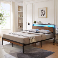 Queen Size Metal Platform Bed Frame with Wooden Headboard and Footboard with USB LINER,LED Lights, No Box Spring Needed, Large Under Bed Storage, Easy Assemble - 7DAY'S