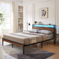 Queen Size Metal Platform Bed Frame with Wooden Headboard and Footboard with USB LINER,LED Lights, No Box Spring Needed, Large Under Bed Storage, Easy Assemble - 7DAY'S