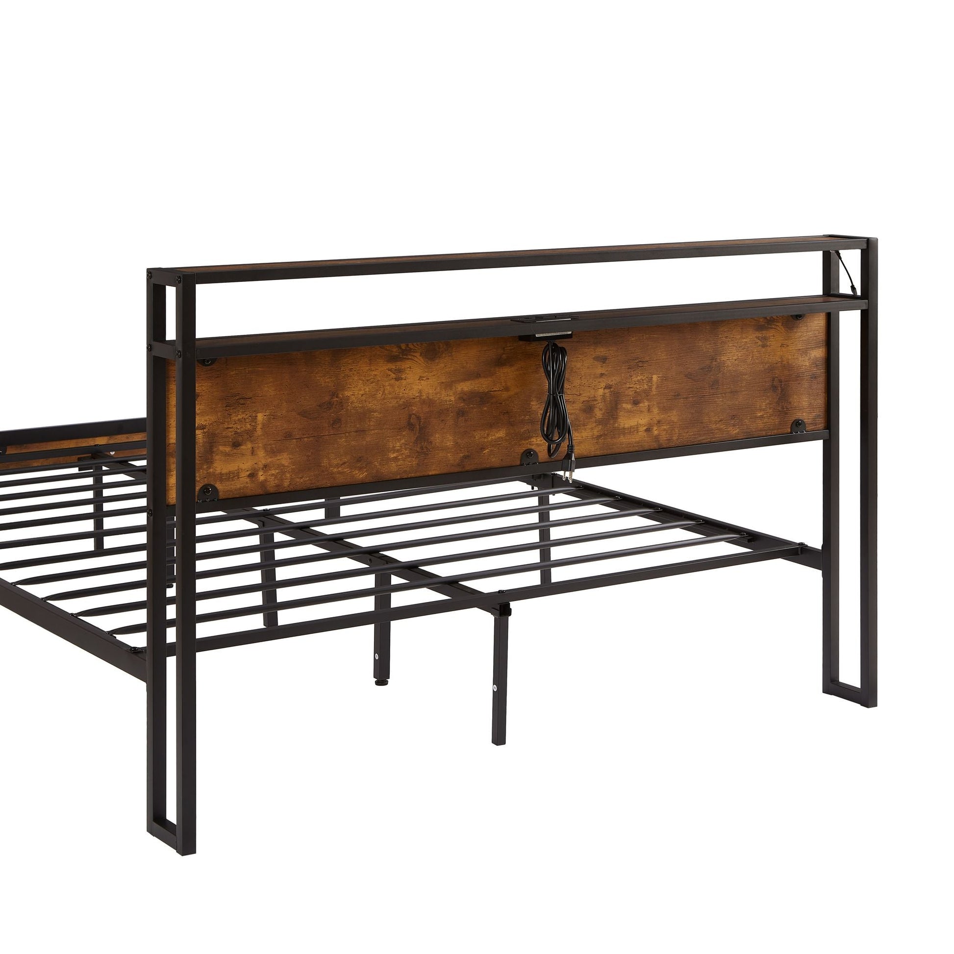 Queen Size Metal Platform Bed Frame with Wooden Headboard and Footboard with USB LINER,LED Lights, No Box Spring Needed, Large Under Bed Storage, Easy Assemble - 7DAY'S