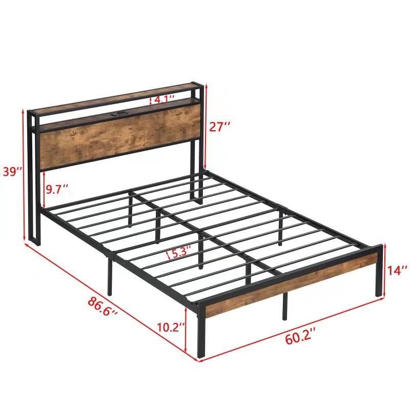 Queen Size Metal Platform Bed Frame with Wooden Headboard and Footboard with USB LINER,LED Lights, No Box Spring Needed, Large Under Bed Storage, Easy Assemble - 7DAY'S