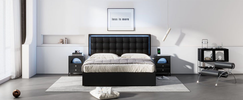 Queen Size Tufted Upholstered Platform Bed with Hydraulic Storage System,PU Storage Bed with LED Lights - 7DAY'S