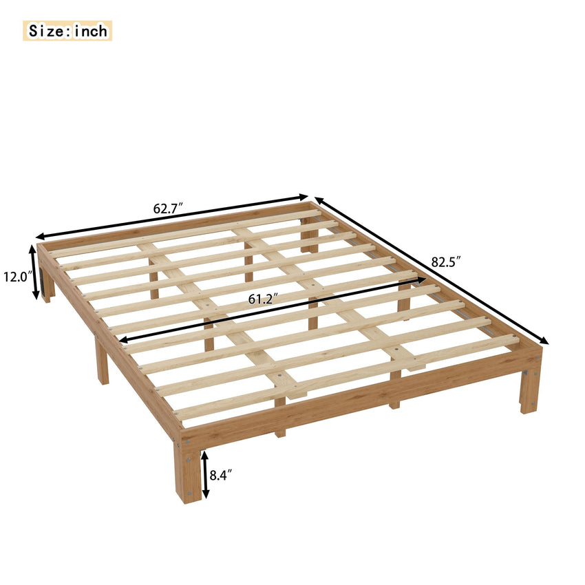 Queen Size Wood Platform Bed Frame - 12 Inch Solid Wood Queen Bed Frame with Slat Support, No Box Spring Needed, Easy Assembly - Rustic Pine - 7DAY'S