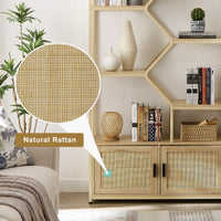 Rattan bookshelf 5 tiers Bookcases Storage Rack with cabinet for Living Room Home Office - 7DAY'S