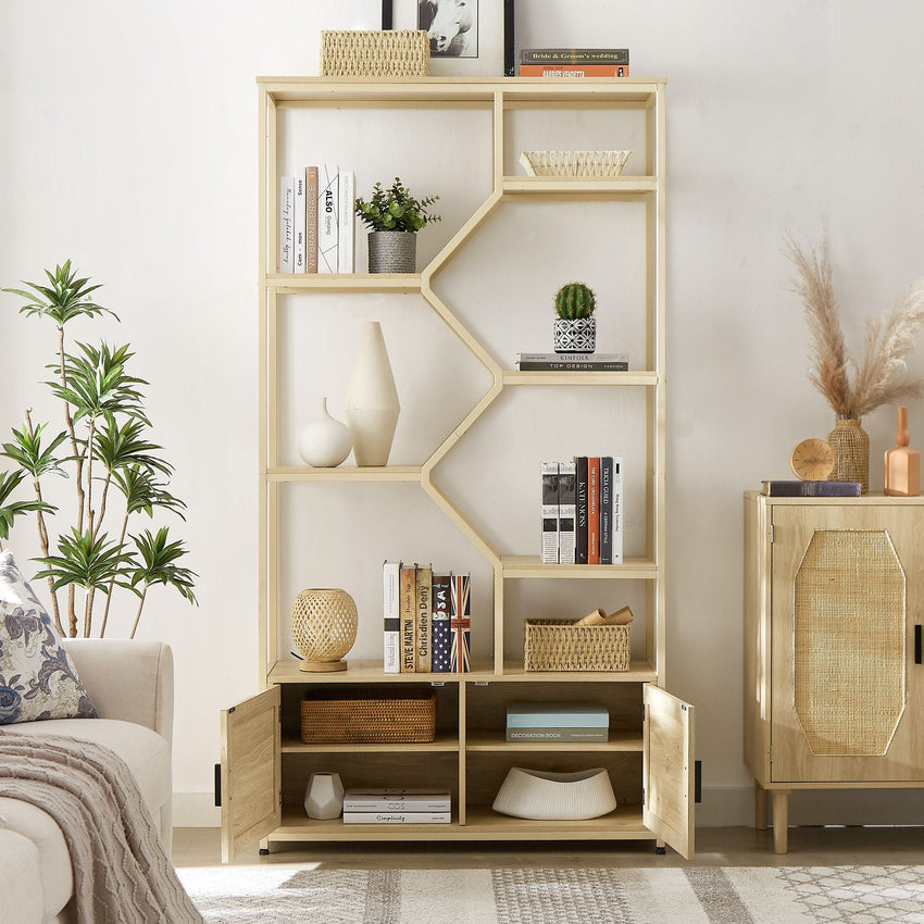 Rattan bookshelf 5 tiers Bookcases Storage Rack with cabinet for Living Room Home Office - 7DAY'S