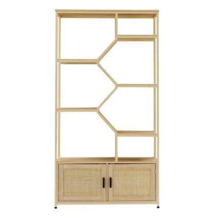 Rattan bookshelf 5 tiers Bookcases Storage Rack with cabinet for Living Room Home Office - 7DAY'S