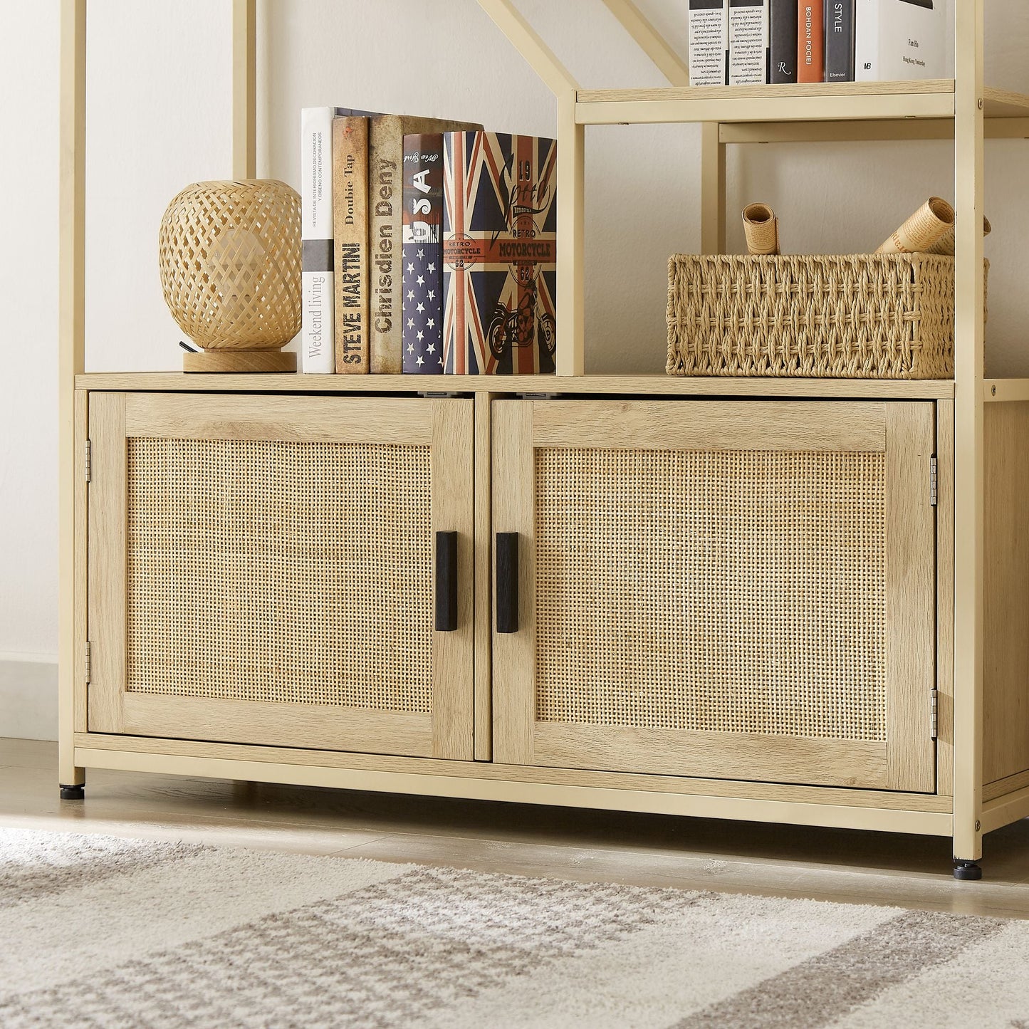 Rattan bookshelf 5 tiers Bookcases Storage Rack with cabinet for Living Room Home Office - 7DAY'S