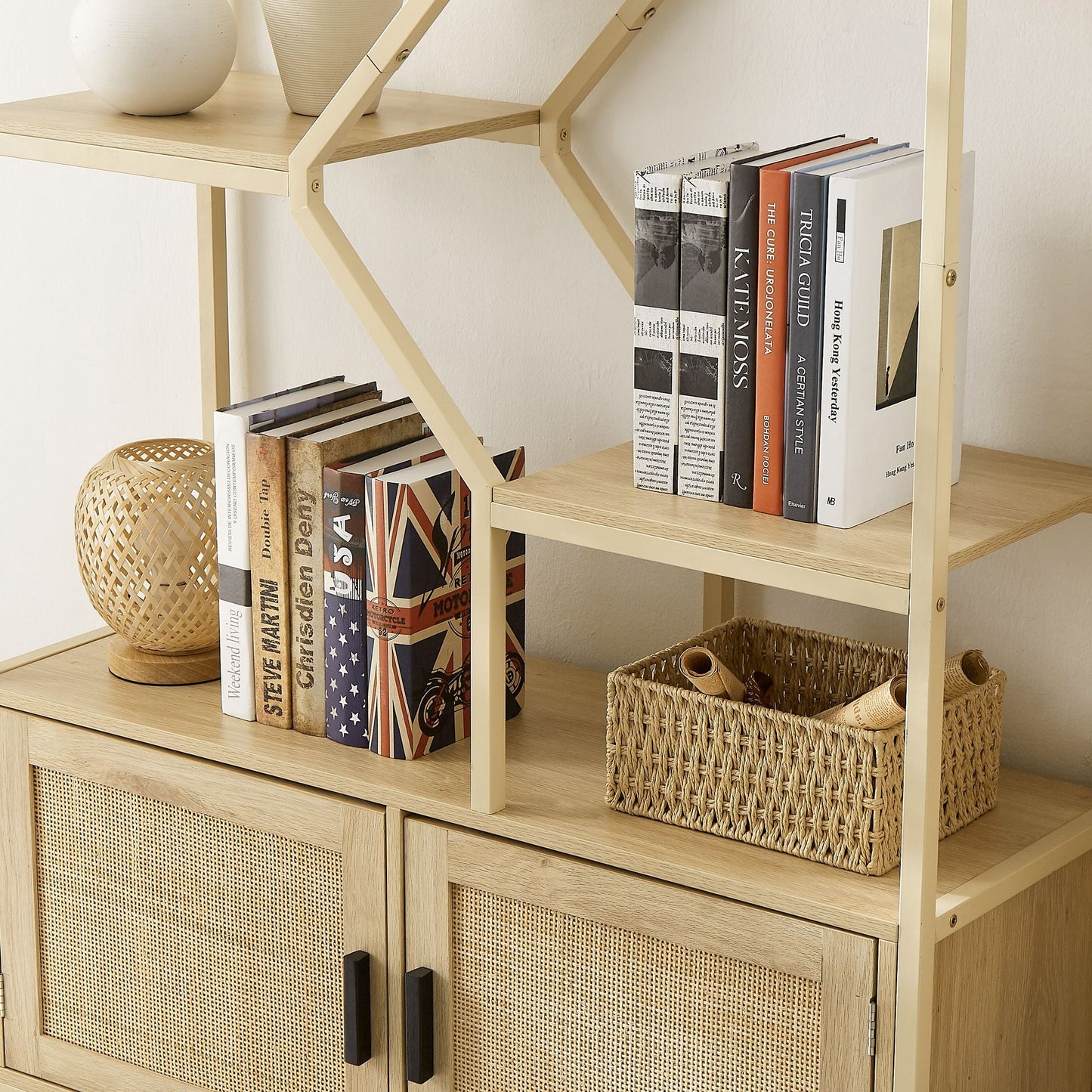 Rattan bookshelf 5 tiers Bookcases Storage Rack with cabinet for Living Room Home Office - 7DAY'S