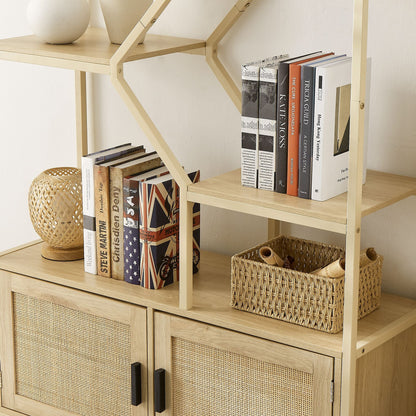 Rattan bookshelf 5 tiers Bookcases Storage Rack with cabinet for Living Room Home Office - 7DAY'S