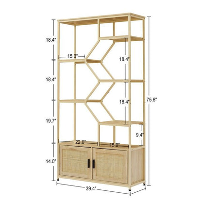 Rattan bookshelf 5 tiers Bookcases Storage Rack with cabinet for Living Room Home Office - 7DAY'S
