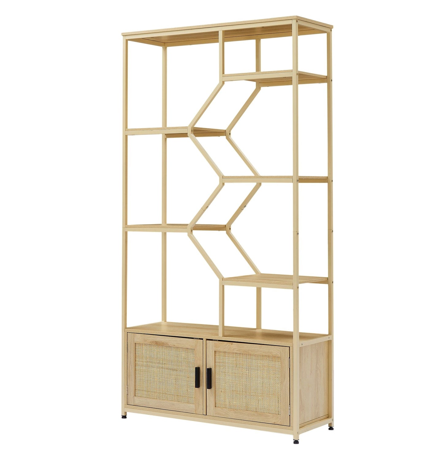 Rattan bookshelf 5 tiers Bookcases Storage Rack with cabinet for Living Room Home Office - 7DAY'S