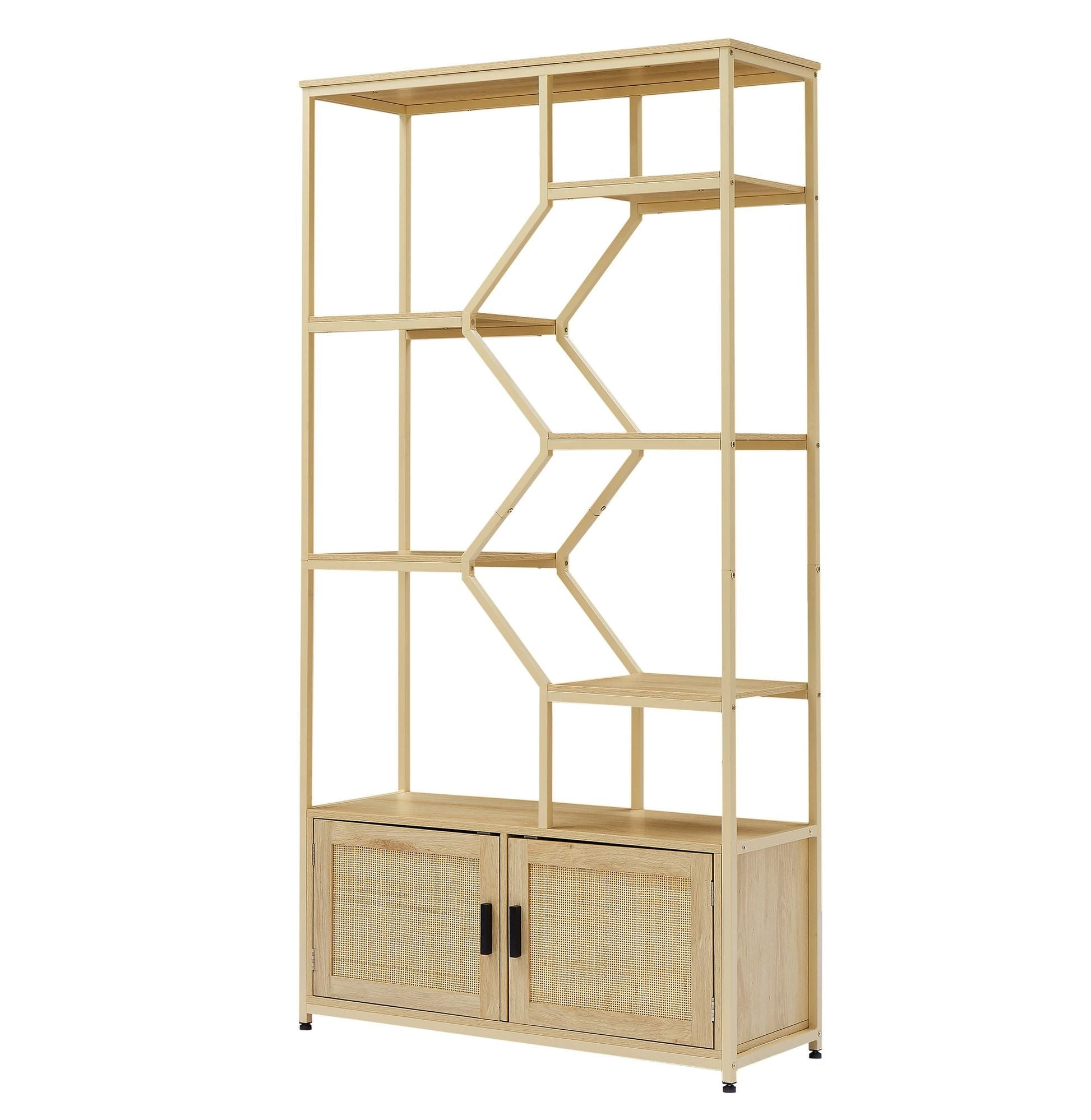 Rattan bookshelf 5 tiers Bookcases Storage Rack with cabinet for Living Room Home Office - 7DAY'S