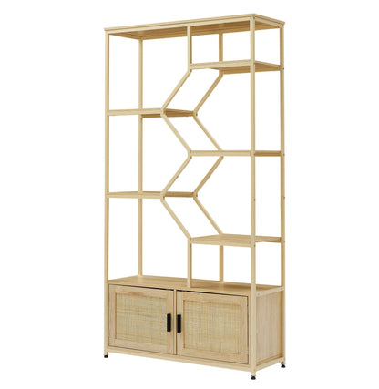 Rattan bookshelf 5 tiers Bookcases Storage Rack with cabinet for Living Room Home Office - 7DAY'S