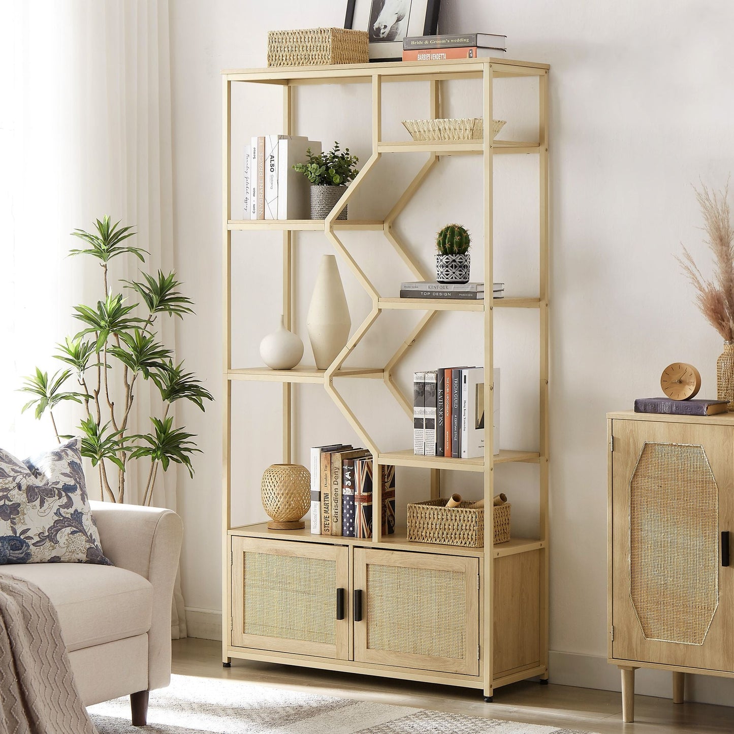 Rattan bookshelf 5 tiers Bookcases Storage Rack with cabinet for Living Room Home Office - 7DAY'S