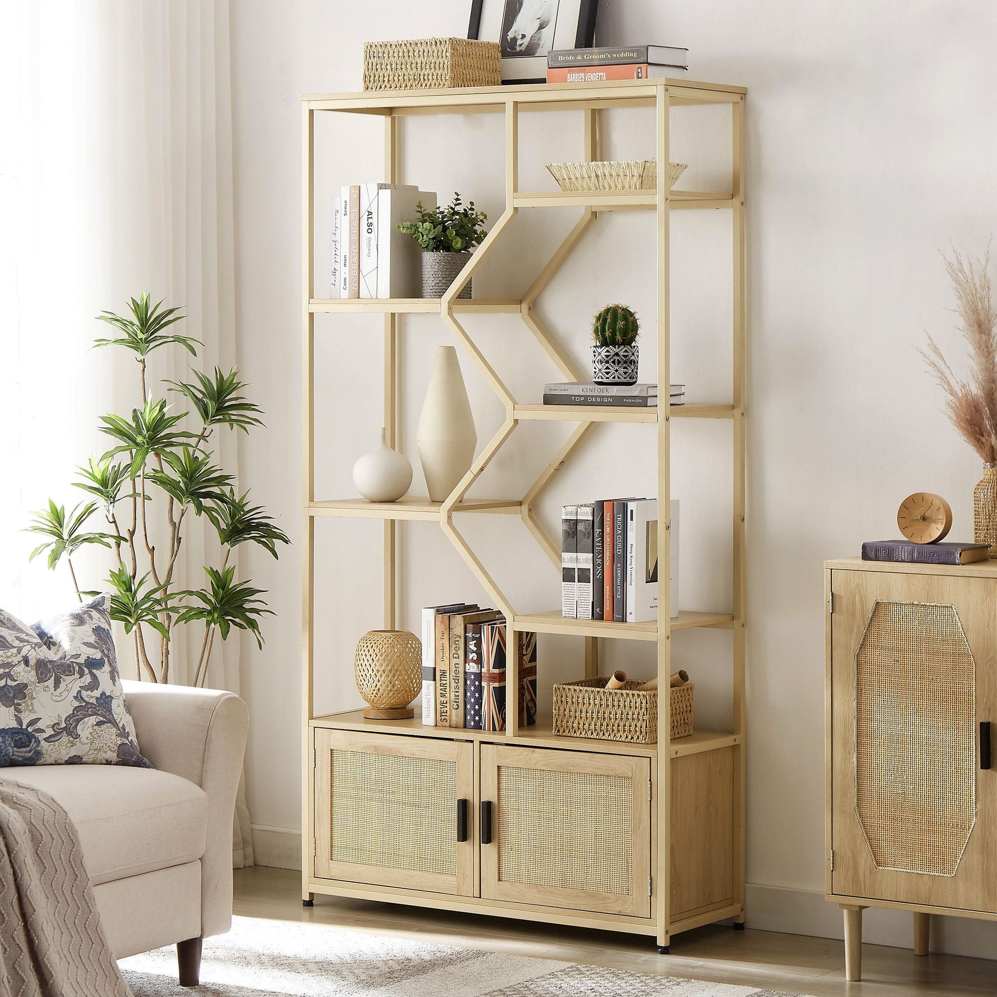Rattan bookshelf 5 tiers Bookcases Storage Rack with cabinet for Living Room Home Office - 7DAY'S