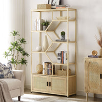 Rattan bookshelf 5 tiers Bookcases Storage Rack with cabinet for Living Room Home Office - 7DAY'S