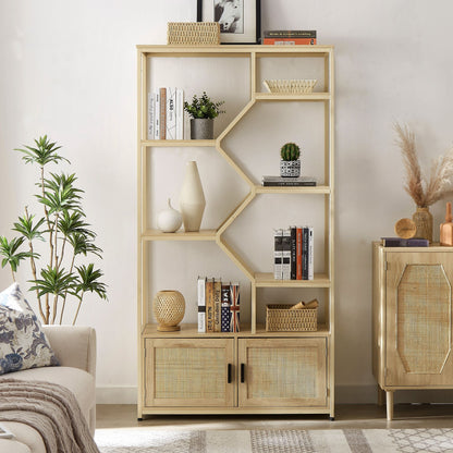 Rattan bookshelf 5 tiers Bookcases Storage Rack with cabinet for Living Room Home Office - 7DAY'S