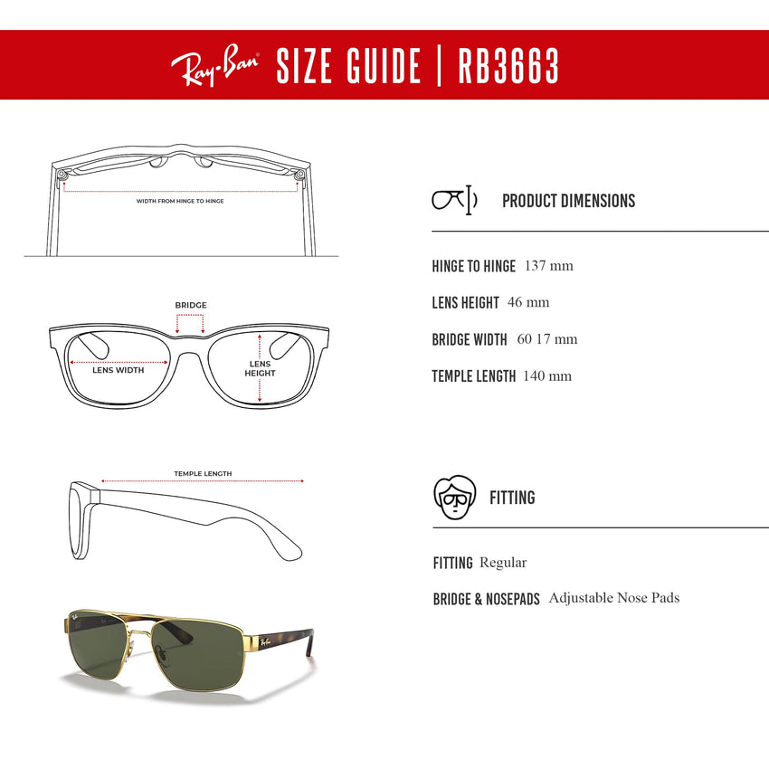Ray - Ban RB3663 Rectangle Sunglasses for Men + BUNDLE With Designer iWear Complimentary Eyewear Kit - 7DAY'S