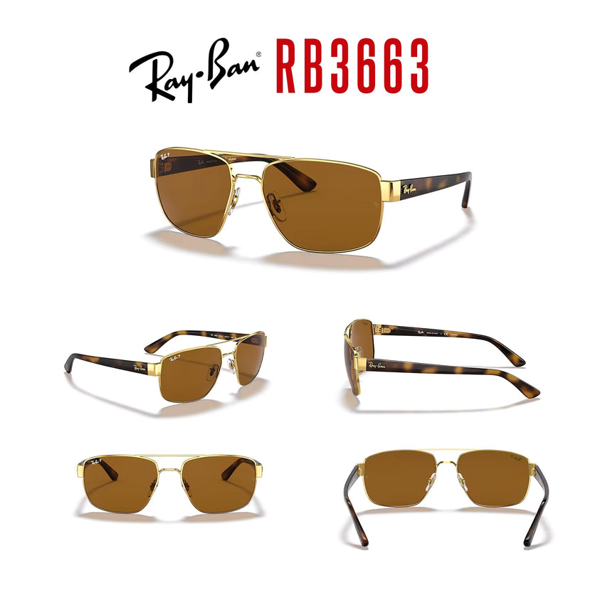 Ray - Ban RB3663 Rectangle Sunglasses for Men + BUNDLE With Designer iWear Complimentary Eyewear Kit - 7DAY'S