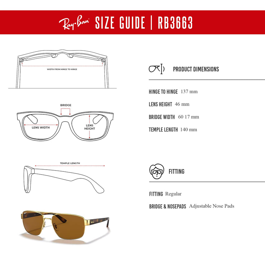 Ray - Ban RB3663 Rectangle Sunglasses for Men + BUNDLE With Designer iWear Complimentary Eyewear Kit - 7DAY'S