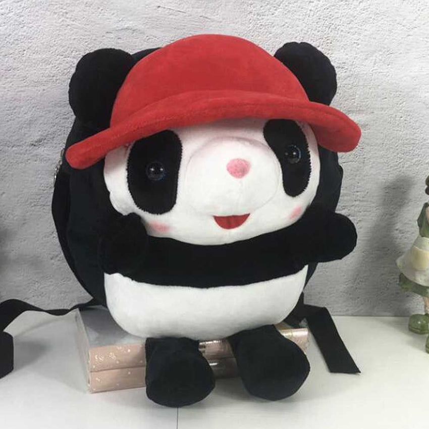 Red Hat Panda Kids Shoulder Bag Plush Backpack Black Snacks Travel Backpack Small School Bag - 7DAY'S