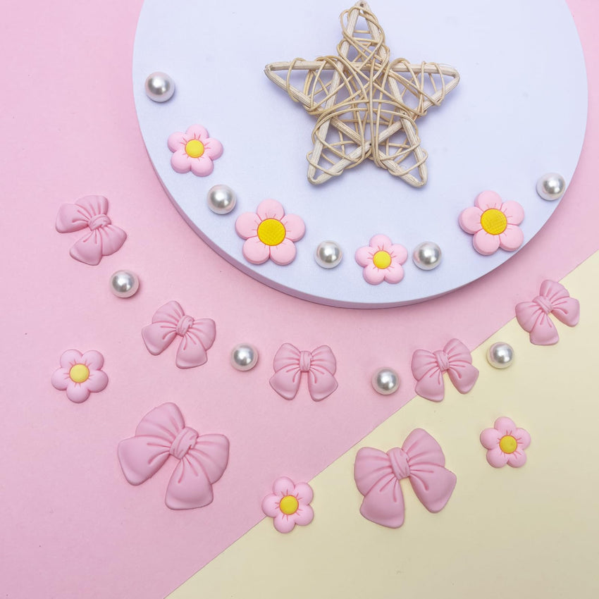 Resin Pink Bow Shoe Charms for Girls, 24Pcs Cute Flower Accessories for Clog Sandals, Pearl Decoration for Women, DIY Party Favor - 7DAY'S