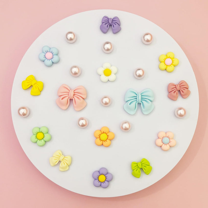Resin Pink Bow Shoe Charms for Girls, 24Pcs Cute Flower Accessories for Clog Sandals, Pearl Decoration for Women, DIY Party Favor - 7DAY'S