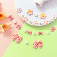Resin Pink Bow Shoe Charms for Girls, 24Pcs Cute Flower Accessories for Clog Sandals, Pearl Decoration for Women, DIY Party Favor - 7DAY'S