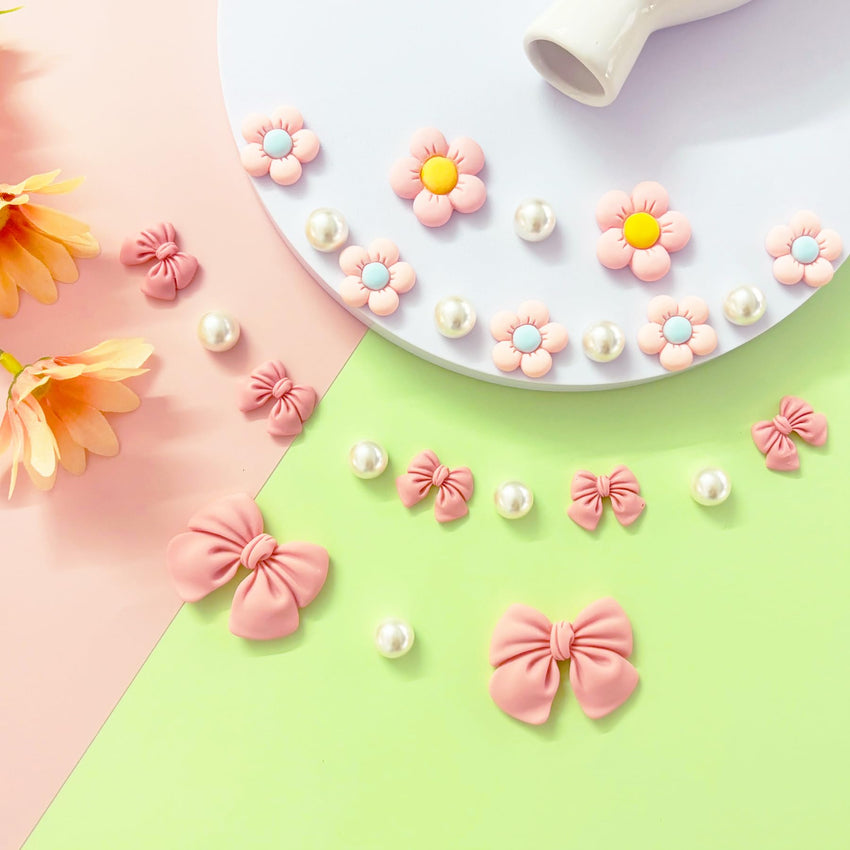 Resin Pink Bow Shoe Charms for Girls, 24Pcs Cute Flower Accessories for Clog Sandals, Pearl Decoration for Women, DIY Party Favor - 7DAY'S
