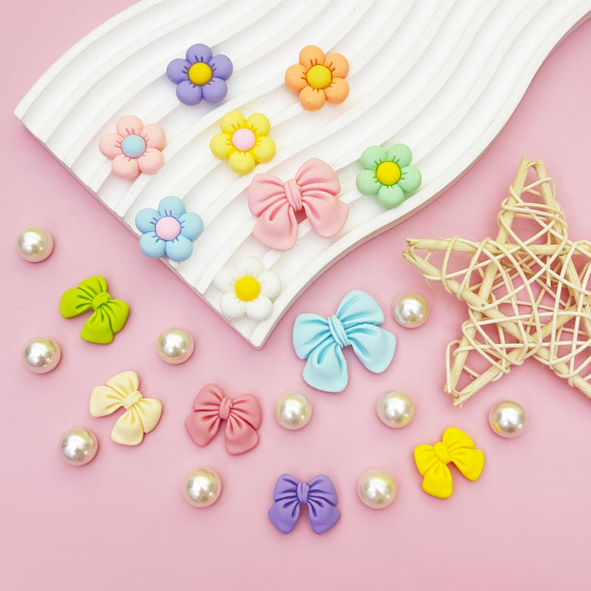 Resin Pink Bow Shoe Charms for Girls, 24Pcs Cute Flower Accessories for Clog Sandals, Pearl Decoration for Women, DIY Party Favor - 7DAY'S