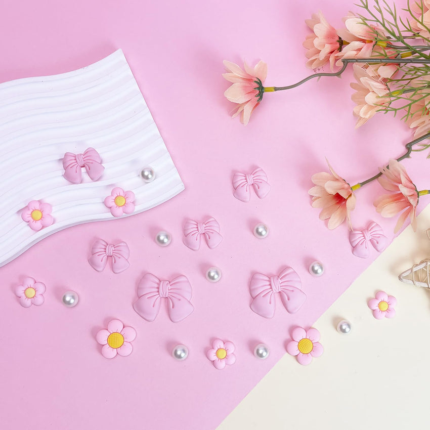 Resin Pink Bow Shoe Charms for Girls, 24Pcs Cute Flower Accessories for Clog Sandals, Pearl Decoration for Women, DIY Party Favor - 7DAY'S