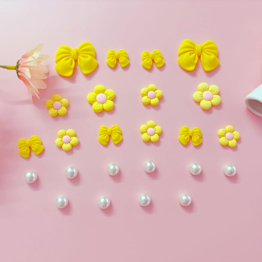 Resin Pink Bow Shoe Charms for Girls, 24Pcs Cute Flower Accessories for Clog Sandals, Pearl Decoration for Women, DIY Party Favor - 7DAY'S