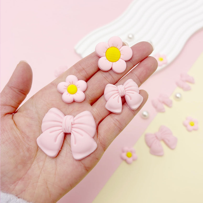 Resin Pink Bow Shoe Charms for Girls, 24Pcs Cute Flower Accessories for Clog Sandals, Pearl Decoration for Women, DIY Party Favor - 7DAY'S